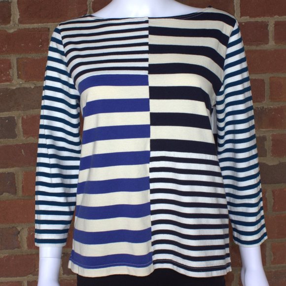 J. Crew | Patchwork Striped 3/4 Sleeve Shirt | Blue-White-Cream | F1456 | Size M - Picture 9 of 11
